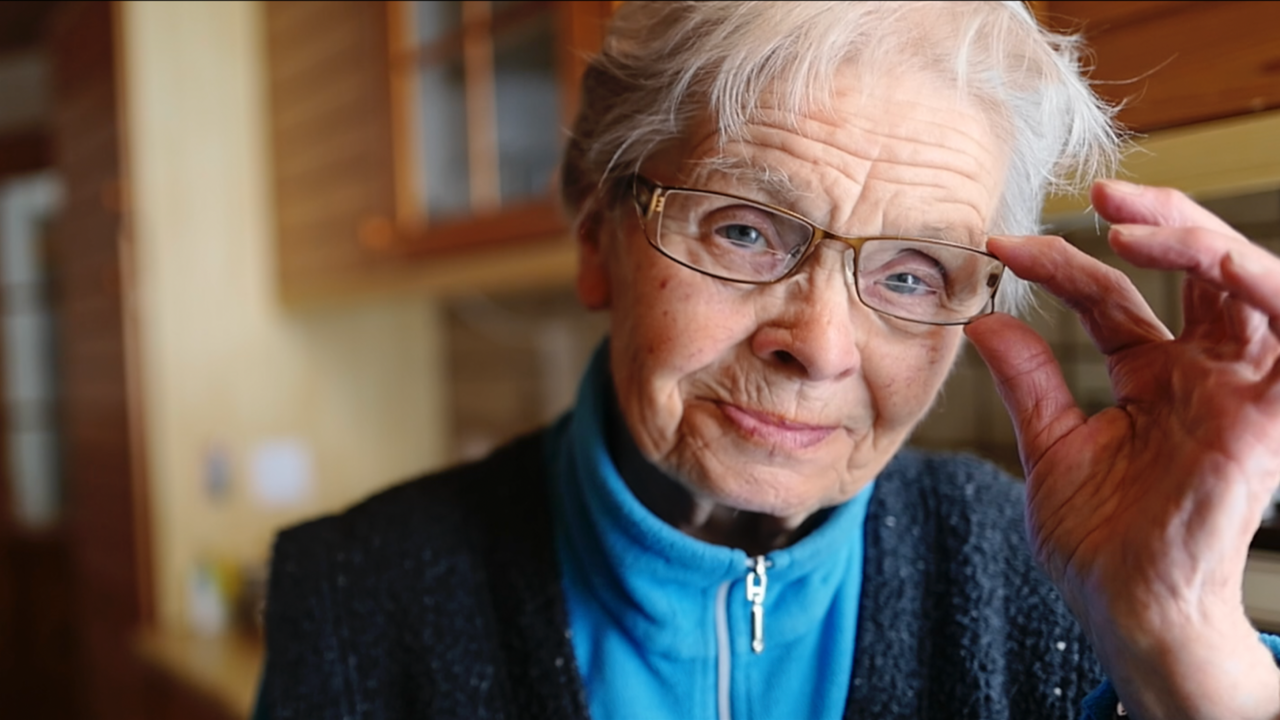Ein Bild von Leonie, eine alte Frau mit grauen Haaren, die durch ihre Brille direkt in die Kamera schaut.